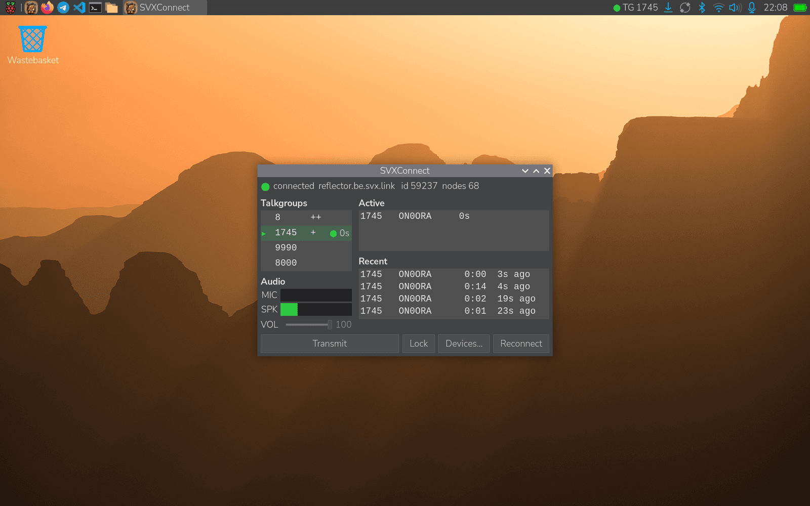 SVXConnect desktop app running on Raspberry Pi OS